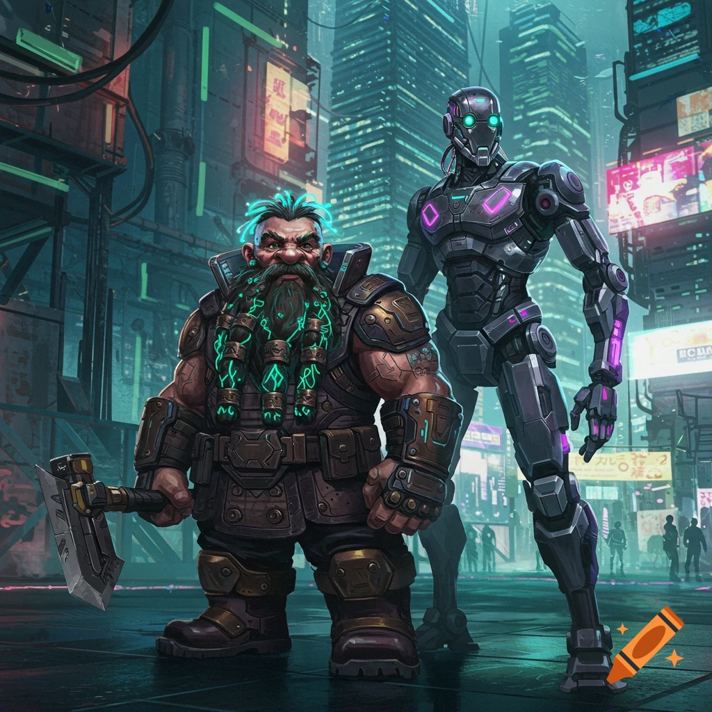 A futuristic dwarf with a neon-braided beard and an axe stands next to a tall robot in a dark, neon-lit cyberpunk city.