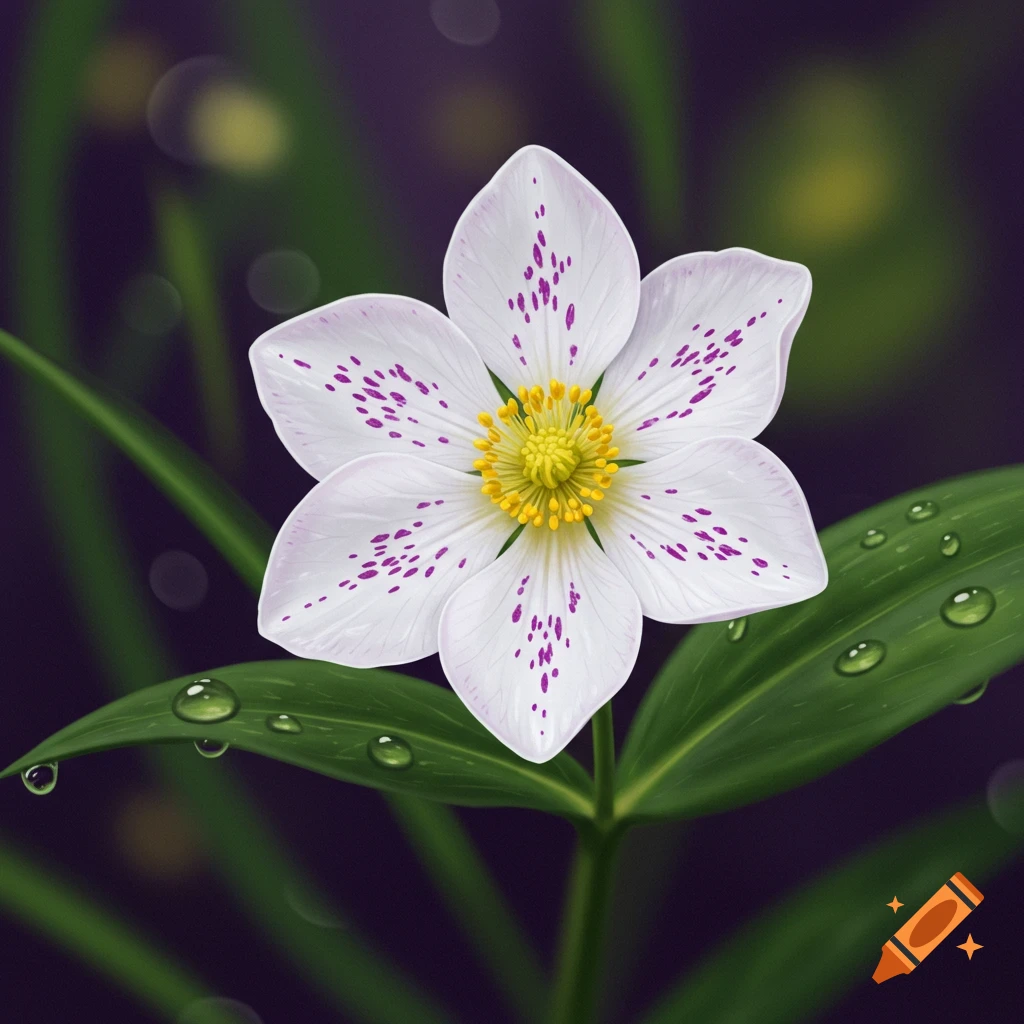 Close-up of a white flower with purple dots, a yellow center, and green leaves with water droplets against a dark bokeh background.