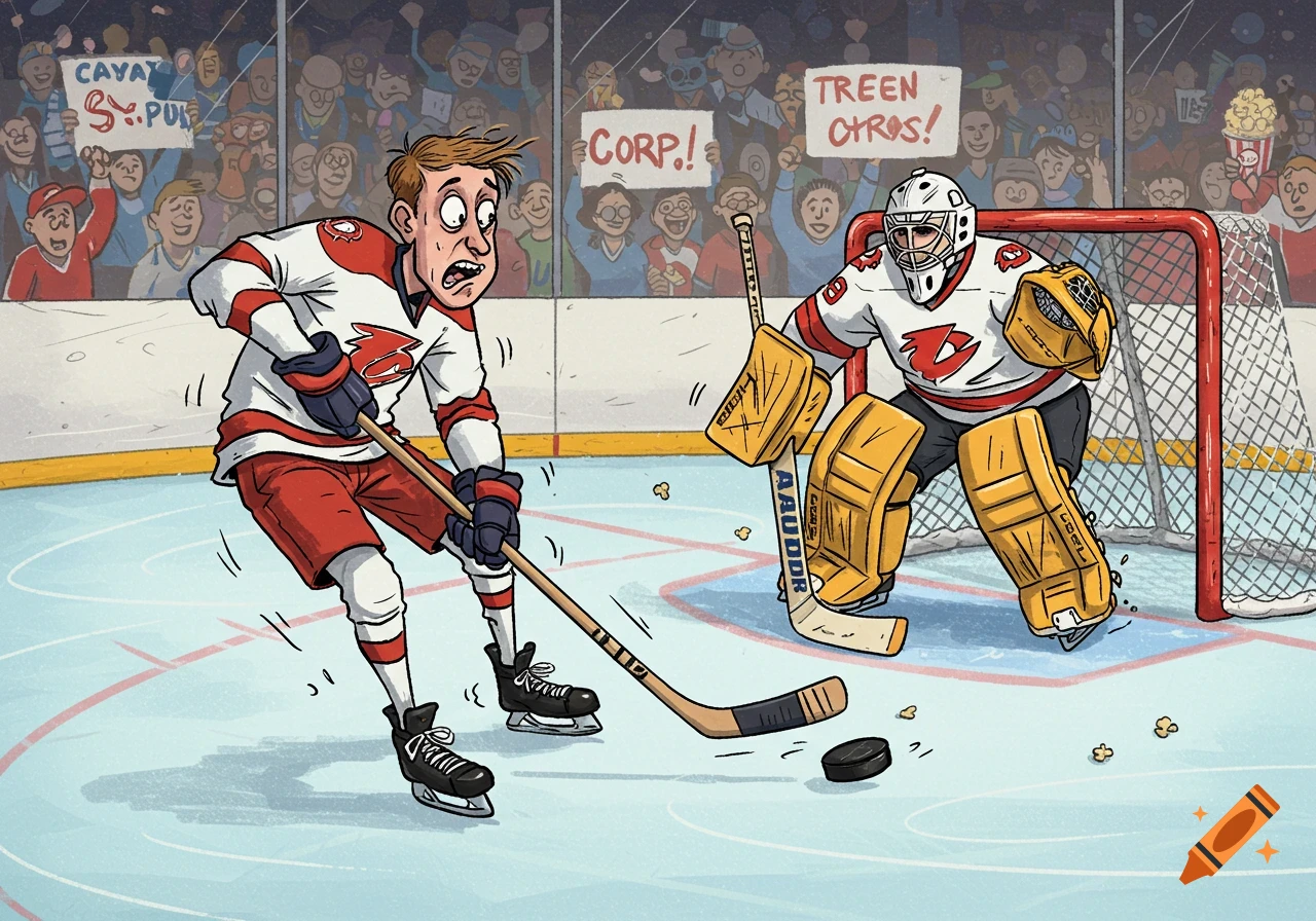 A cartoon hockey game with a nervous player attempting to shoot the puck past a ready goalie, watched by a crowd.