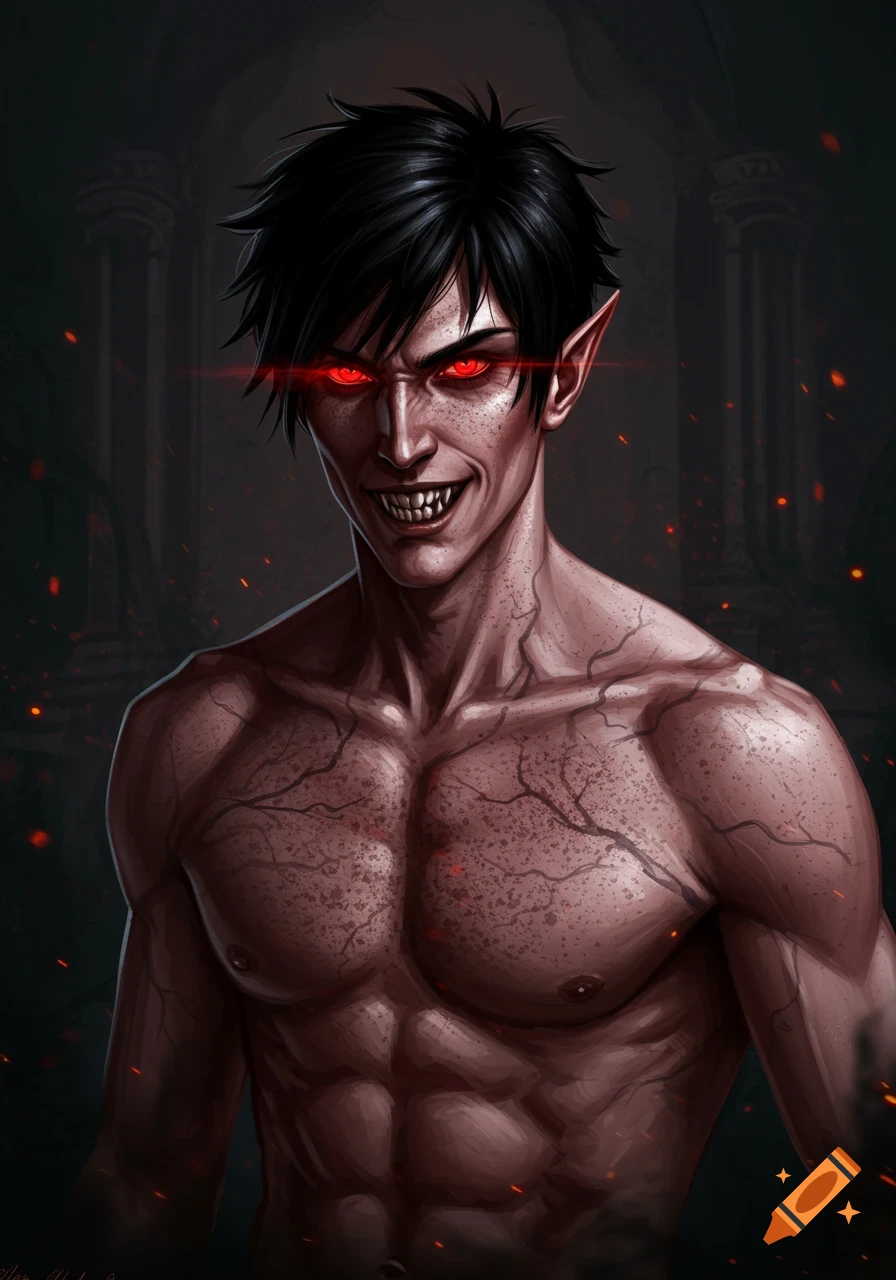 A digital painting of a muscular male vampire with dark hair, glowing red eyes, sharp fangs, and pointy ears, smiling sinisterly.
