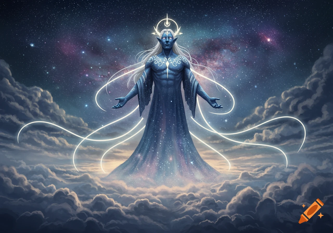 A blue-skinned celestial being with white hair, wearing a star-filled robe, stands with arms outstretched amidst clouds and a starry night sky.