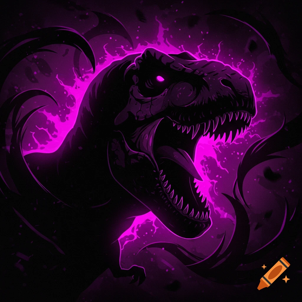 A shadowy, stylized T-Rex head with glowing purple eyes and mouth, surrounded by purple energy in an animated dark fantasy style.