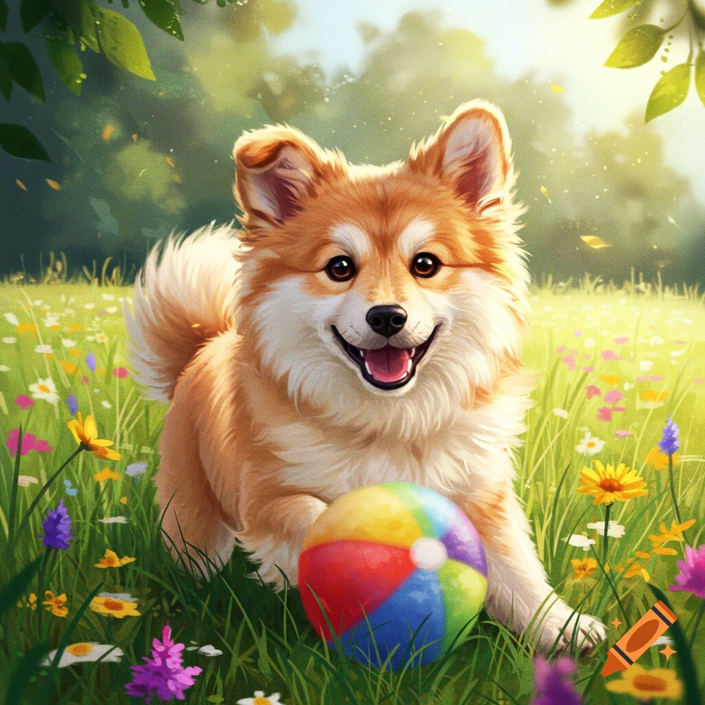 A cute, fluffy dog with a wide smile plays with a colorful beach ball in a vibrant, sunny meadow filled with wildflowers, in an illustrative style.