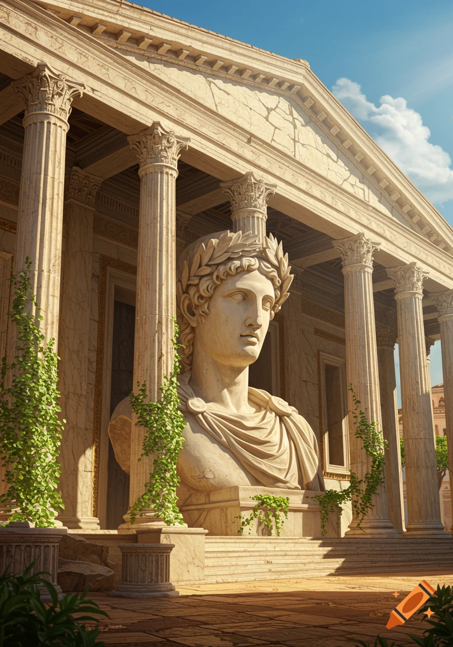 Photorealistic marble bust of a classical god wearing a laurel wreath, standing before a grand Roman temple with columns.