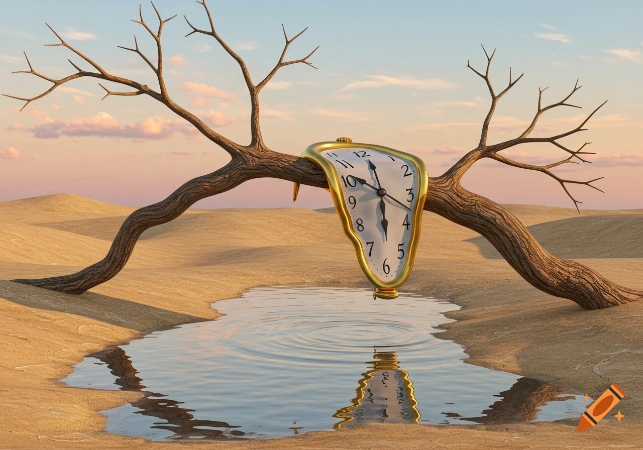 Surreal melting gold clock draped over a bare tree branch in a desert with a small pool reflecting it under a pastel sky.