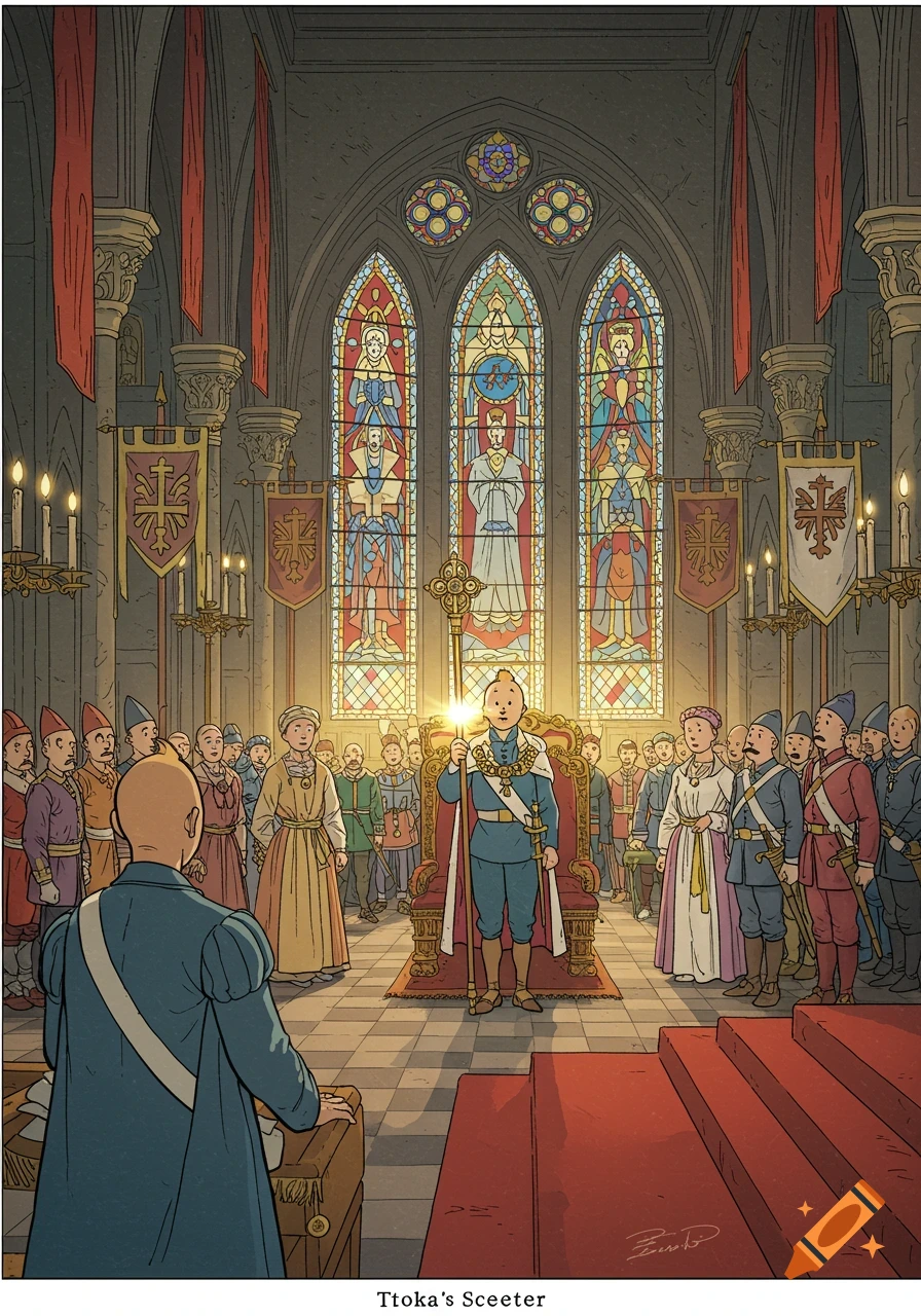 Tintin-style illustration of a coronation ceremony in a grand, vaulted cathedral with stained glass windows. A young man on a throne holds a scepter, surrounded by a crowd of people in period attire, as another man faces him from the foreground.