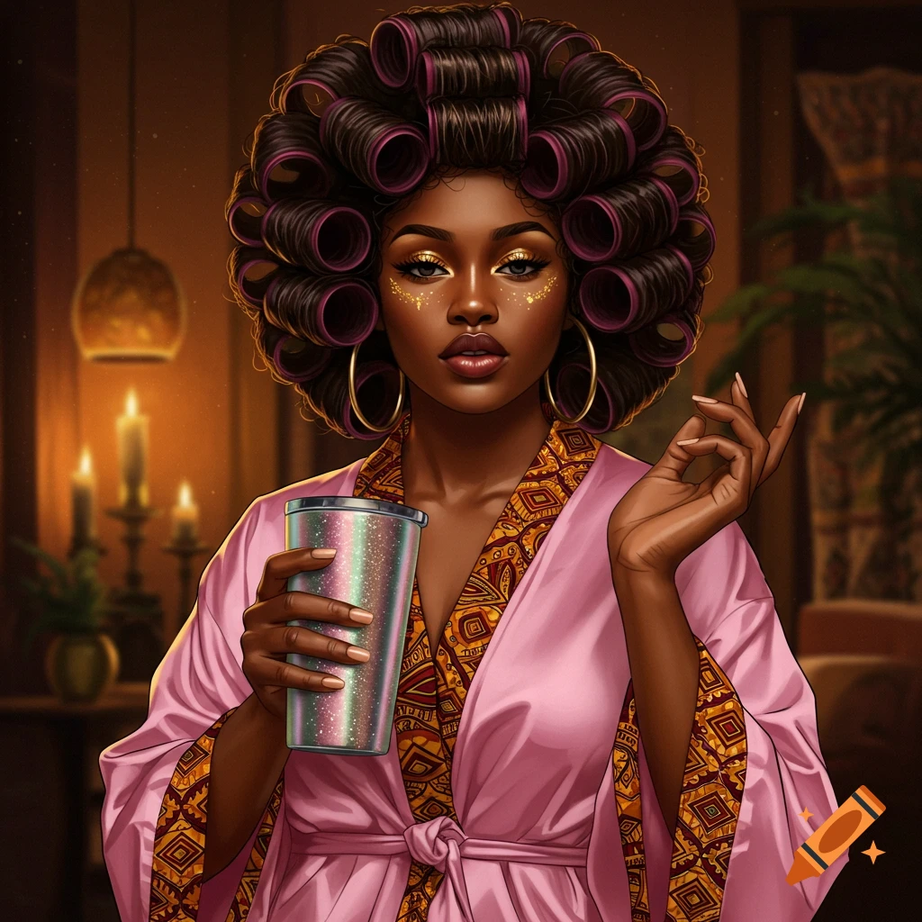 Digital art portrait of a confident Black woman with curlers, a pink robe, glamorous makeup, holding a glittery cup in a cozy room.