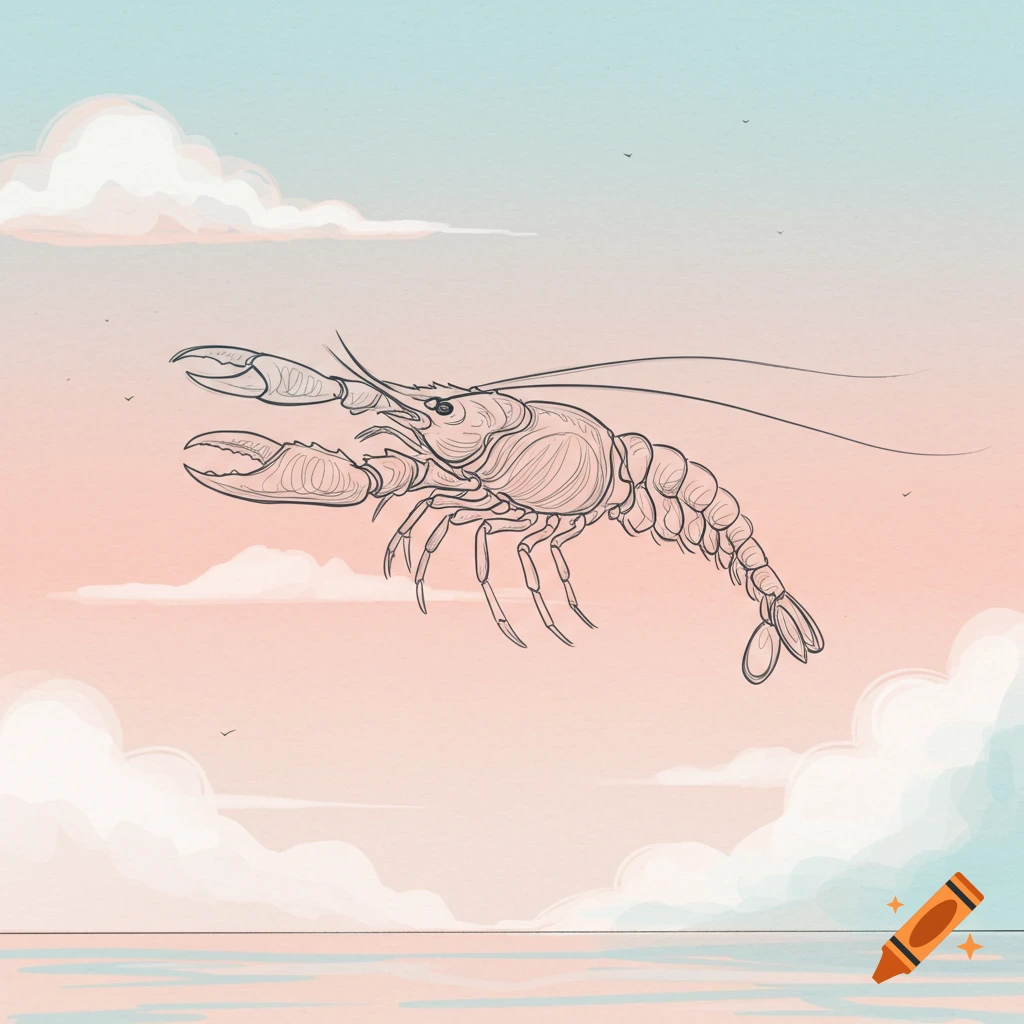 Line art sketch of a flying lobster against a pastel sky with clouds and water below.