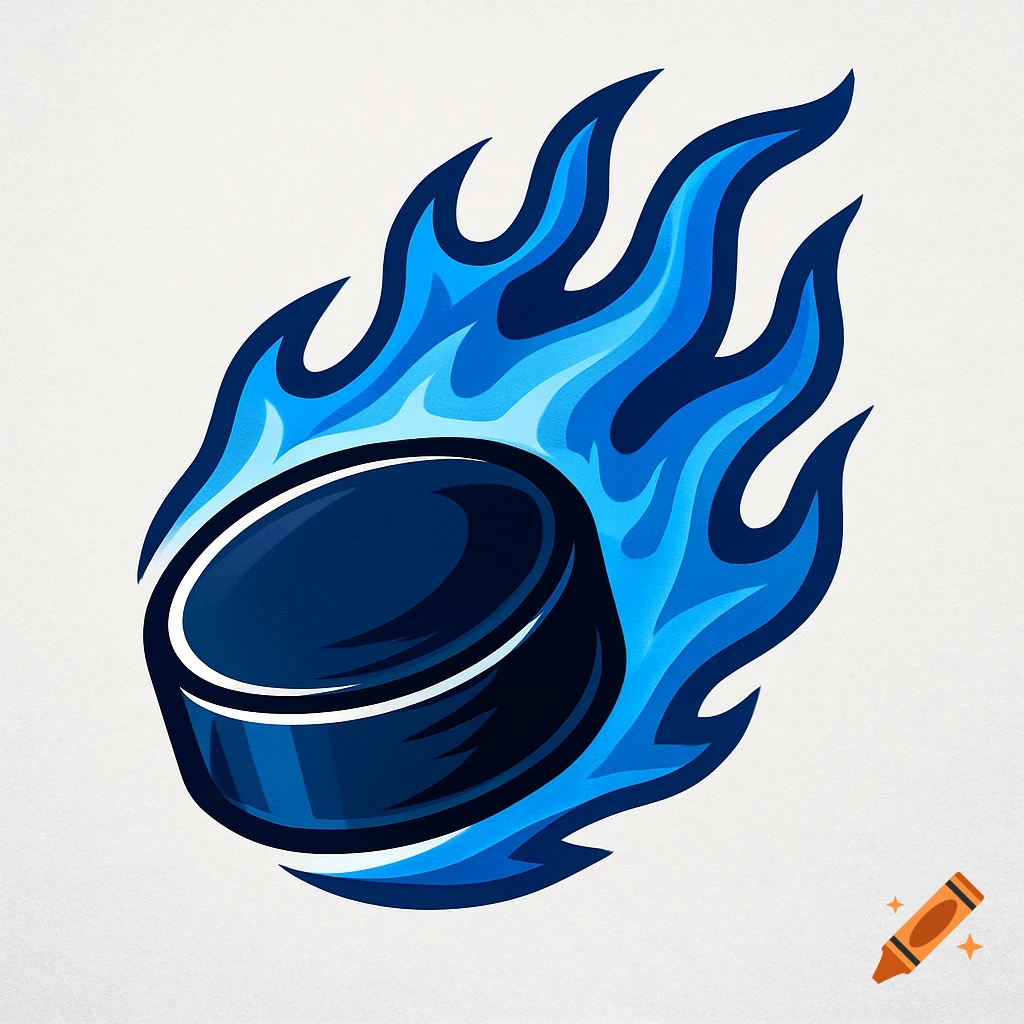 Stylized dark blue hockey puck with light blue flames, designed as a sports logo.