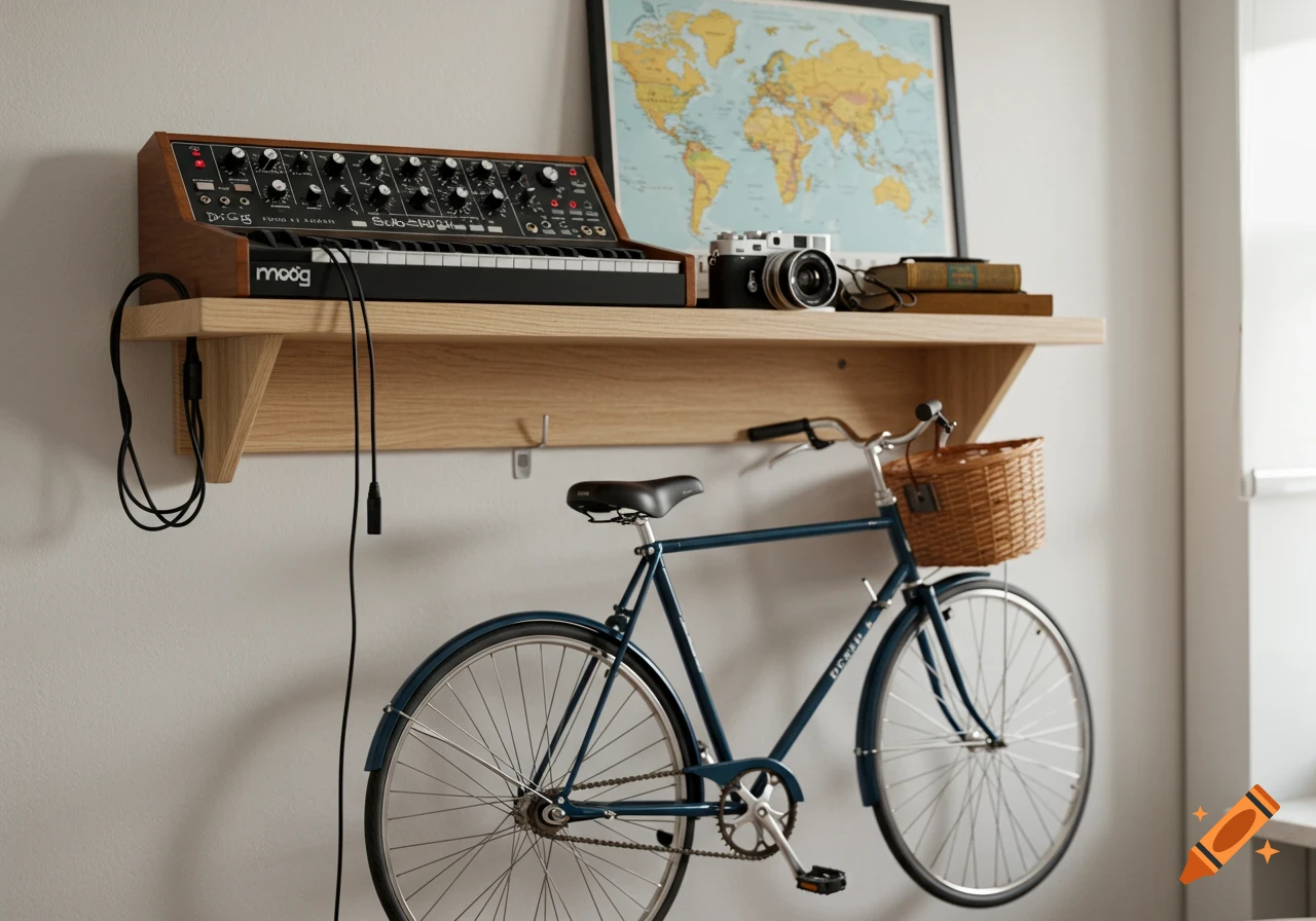 A minimalist room with a wooden shelf holding a synthesizer, camera, and map. Below, a blue bicycle with a wicker basket hangs on the wall.