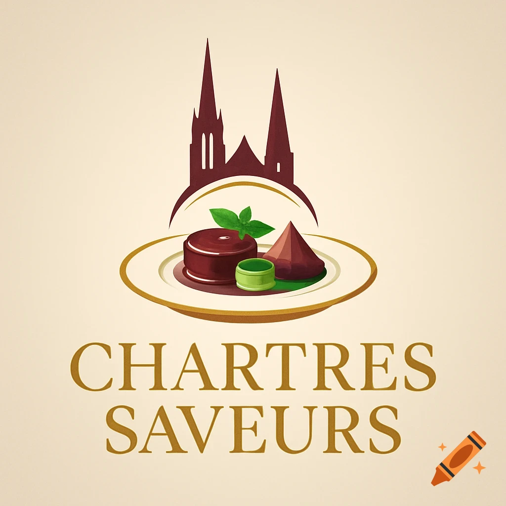 An elegant logo for Chartres Saveurs featuring cathedral spires above a plate with chocolates and mint leaves.