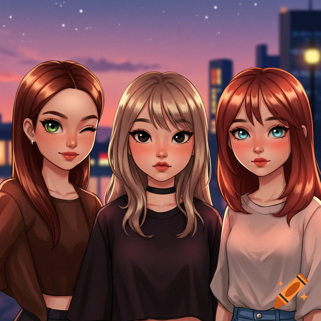 Three anime-style girls, one winking, stand against a cityscape at sunset.
