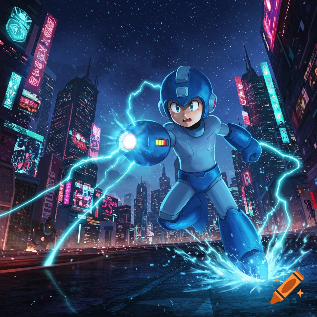Mega Man in a futuristic city at night, charging his arm cannon with blue energy and kicking up water.