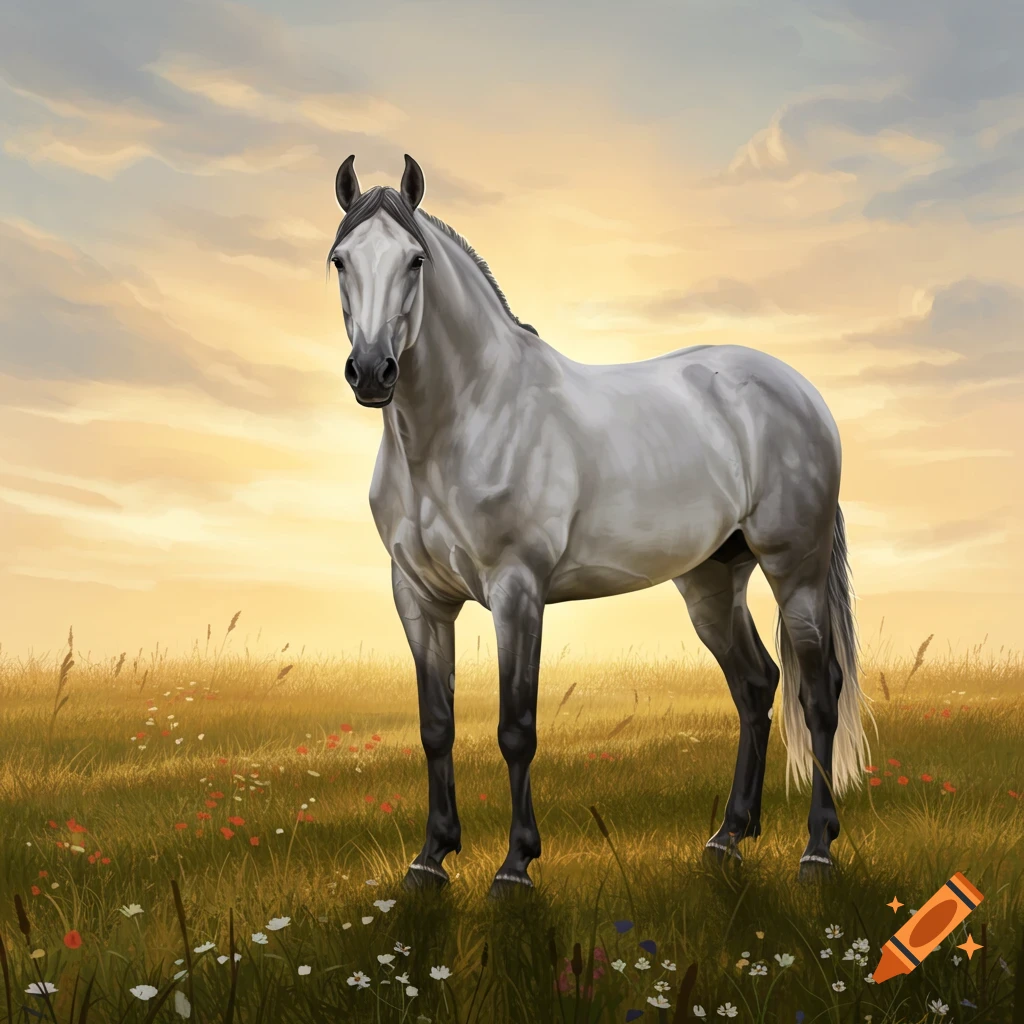 A grey horse stands majestically in a wildflower-filled field under a golden, cloudy sky at sunset, in a digital painting style.