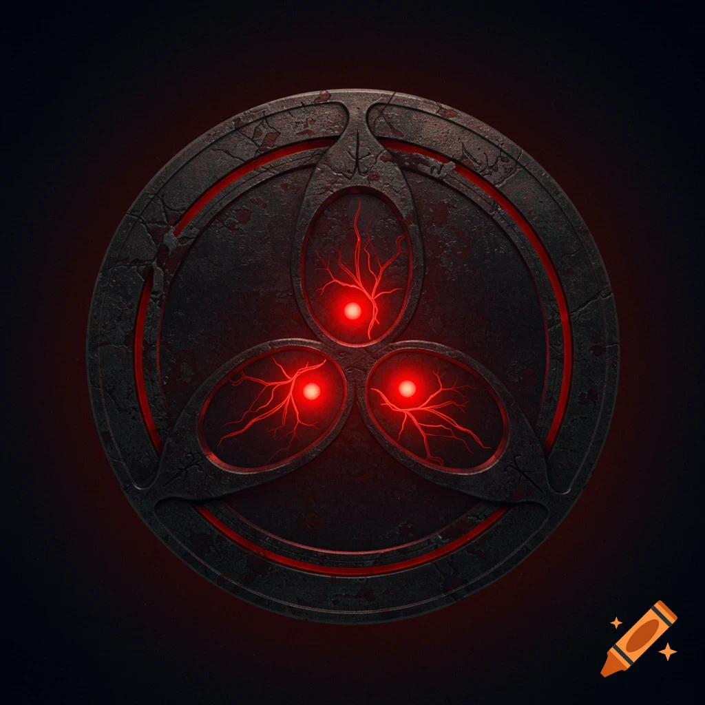 A dark, cracked metal medallion with three glowing red eyes in a triangle, connected by red vein-like lines.