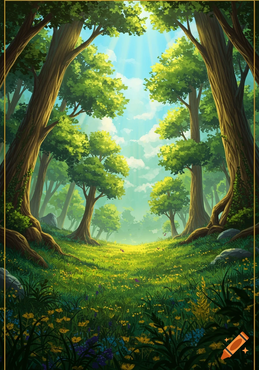 A vibrant, stylized fantasy forest with a sunlit path winding through lush green trees and wildflowers.
