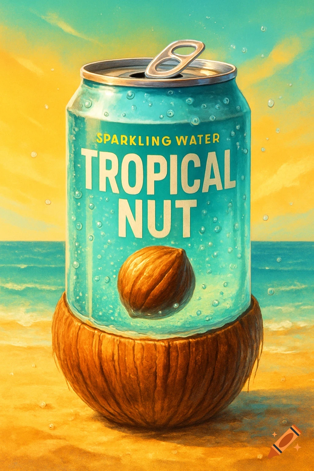 An illustrated can of 'Tropical Nut' sparkling water with a coconut base and a nut inside, on a sandy beach.