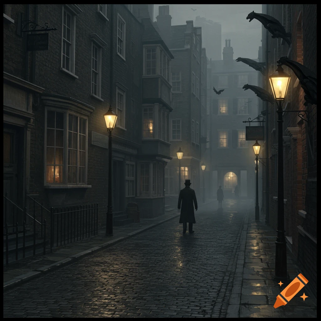 A foggy, dark 19th-century London street at night, lit by gas lamps, with a man in a long coat walking away into the mist.