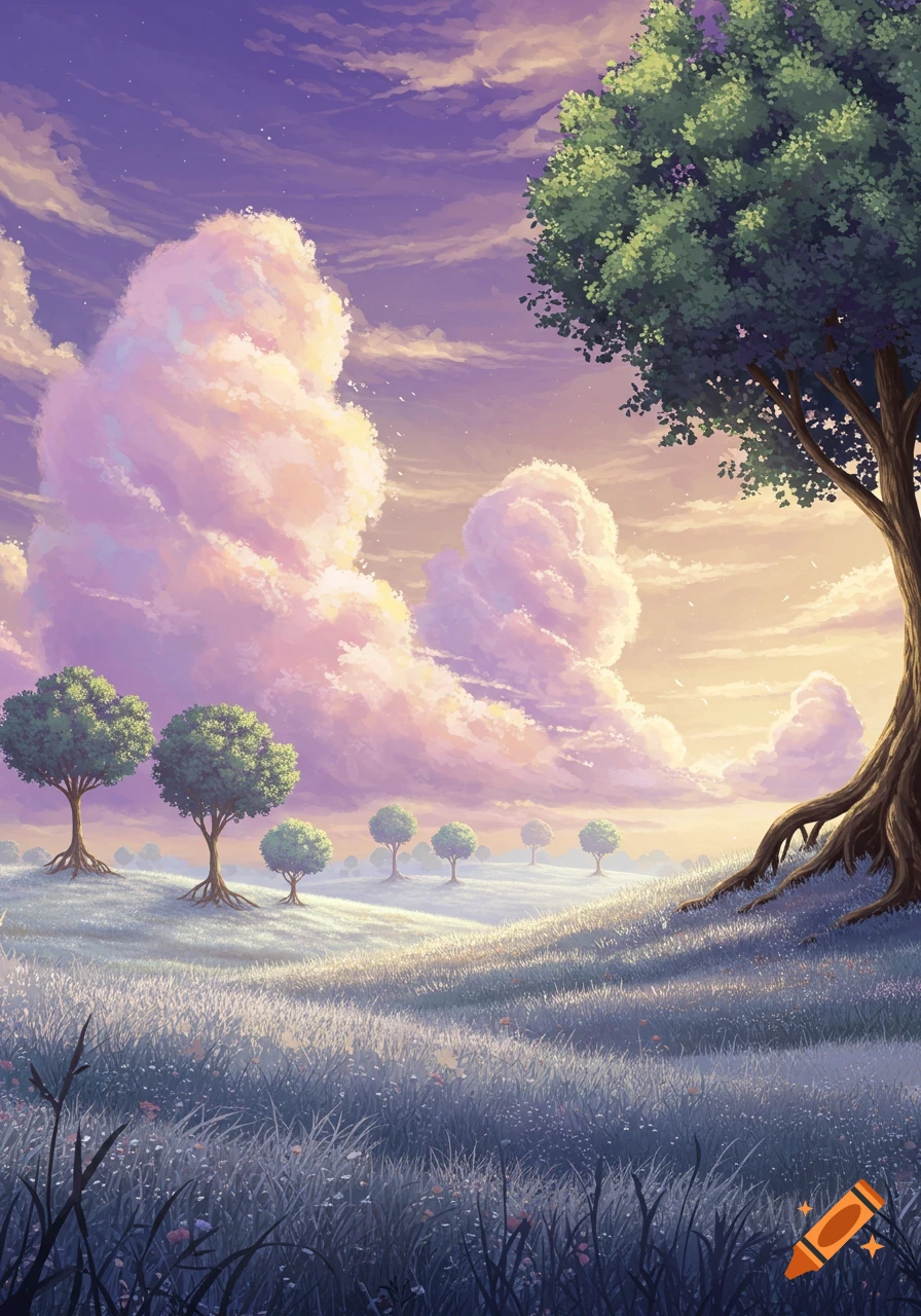 A beautiful fantasy landscape with a violet and gold sky, fluffy pink clouds, and a field of silvery-blue grass with trees.