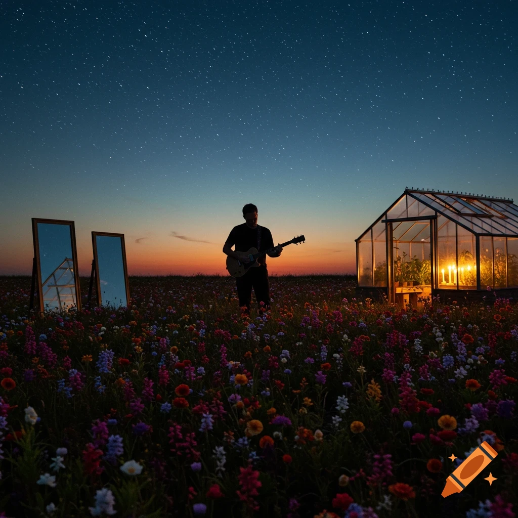 A man playing an acoustic guitar in a colorful flower meadow under a starry twilight sky, with a lit greenhouse and two mirrors.