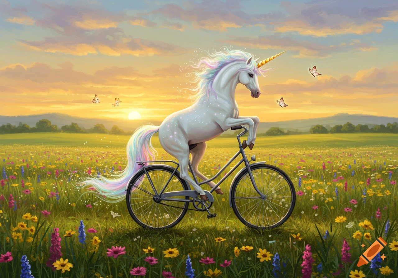 A whimsical unicorn with a rainbow mane and tail rides a bicycle through a vibrant wildflower field at sunset.