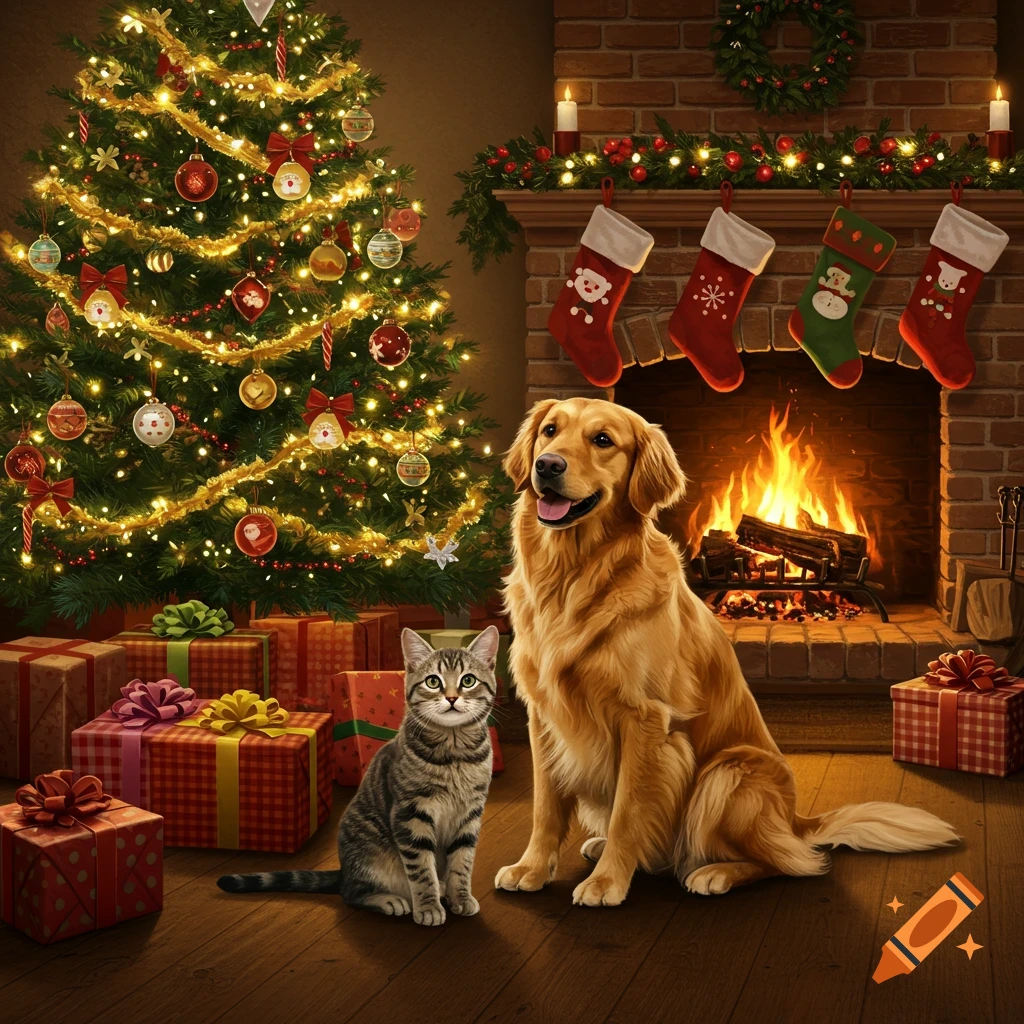 A golden retriever dog and a tabby cat sit by a festive Christmas tree with gifts and a lit fireplace in a photorealistic style.