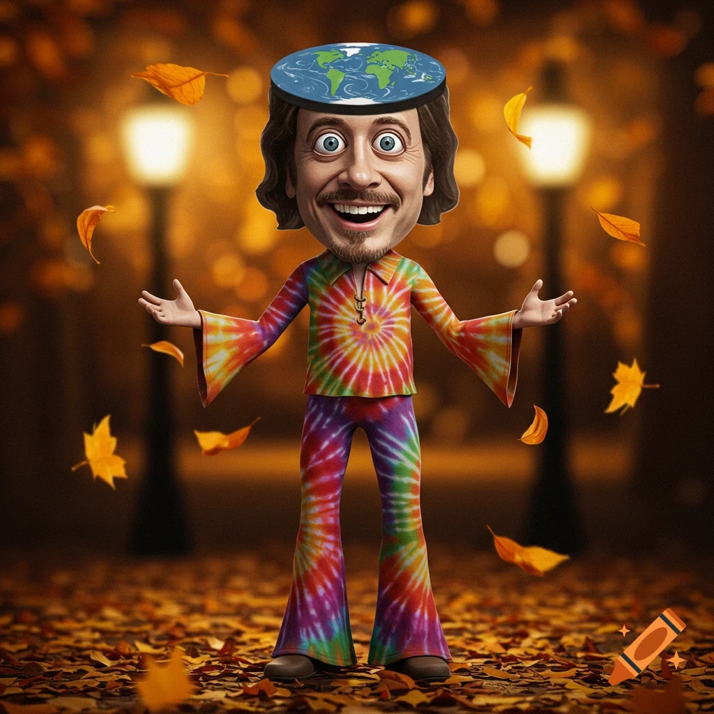 Cartoon man in a tie-dye outfit and a flat-earth map hat, standing in an autumn park with falling leaves and glowing streetlights.