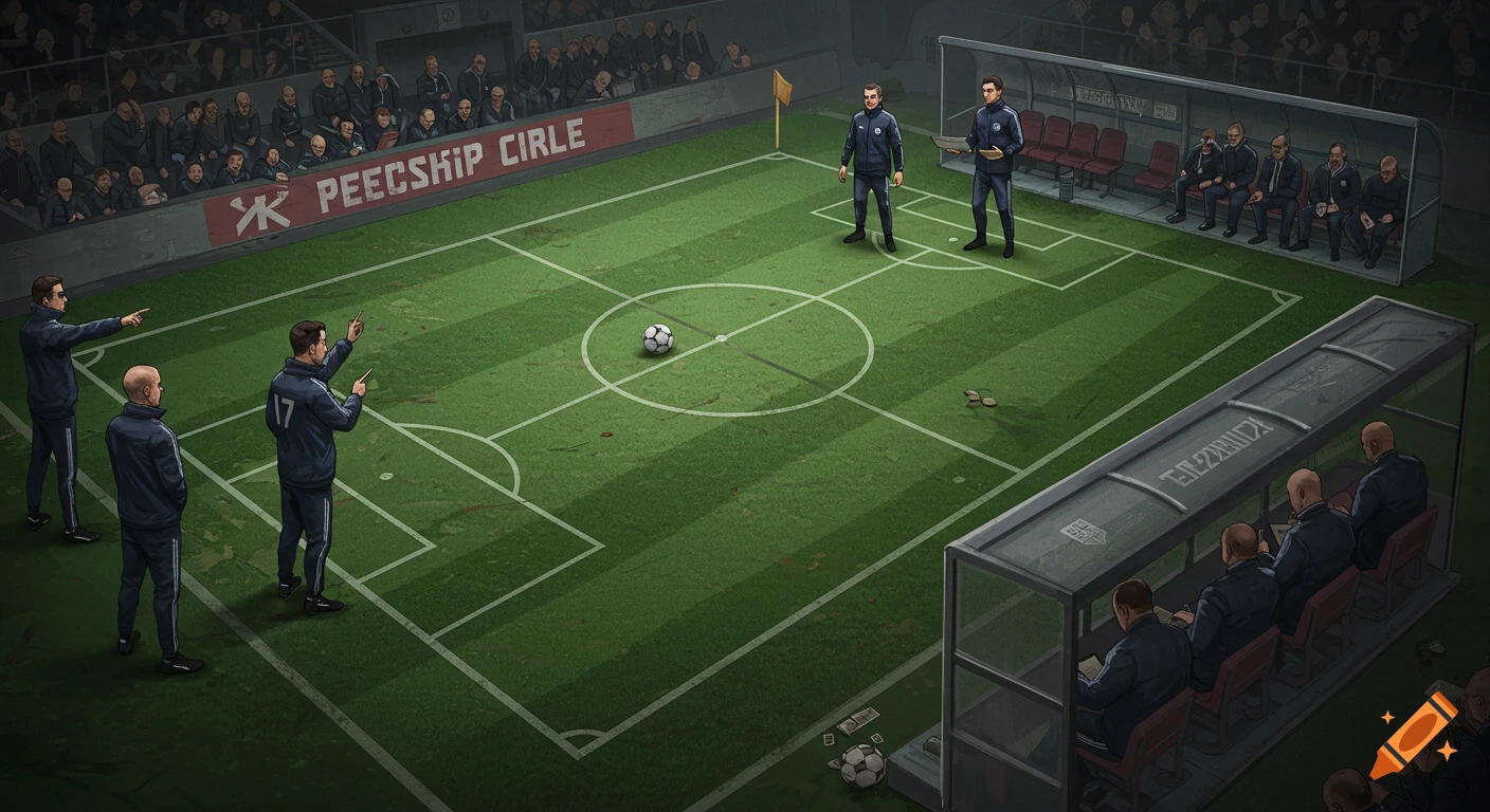 An illustration of a football field with coaches giving instructions, players in the center, and spectators in the stands.