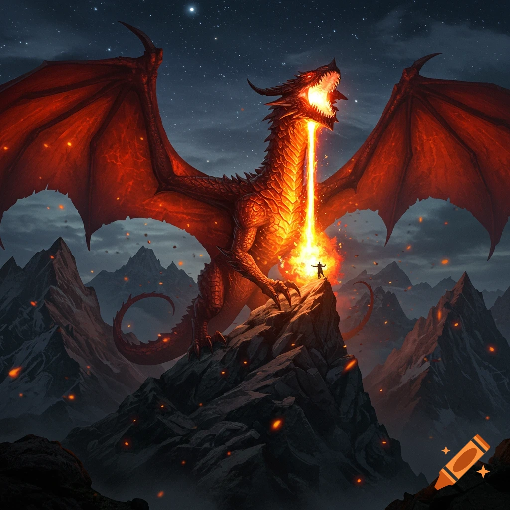 A massive red dragon breathes a torrent of fire onto a lone figure on a mountain peak under a starry night sky, in a fantasy art style.