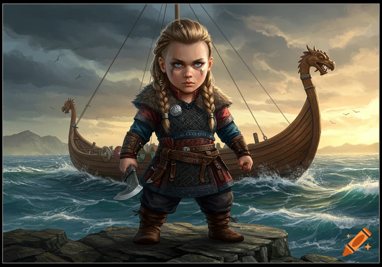 A stylized illustration of a determined, short Viking girl with braids, holding an axe on rocks with longships on a stormy sea.