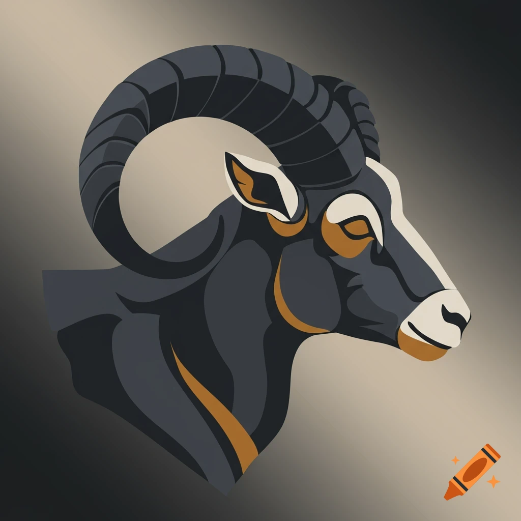 A simple abstract side profile illustration of a ram's head with large curved horns, in dark gray, white, and golden-brown tones on a gradient background.
