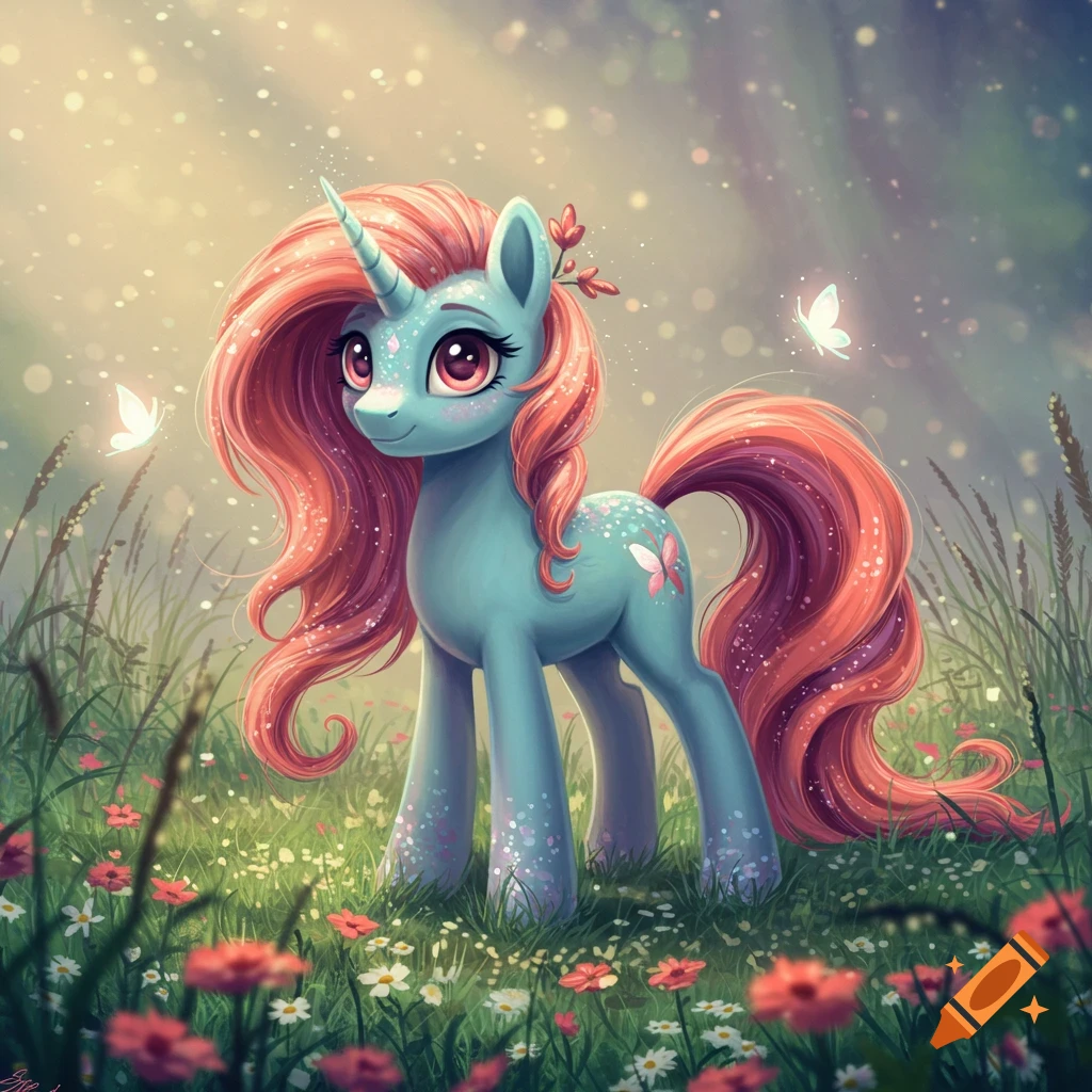 A whimsical light blue unicorn with pink mane and tail stands in a field of colorful flowers and sparkling light, with butterflies.