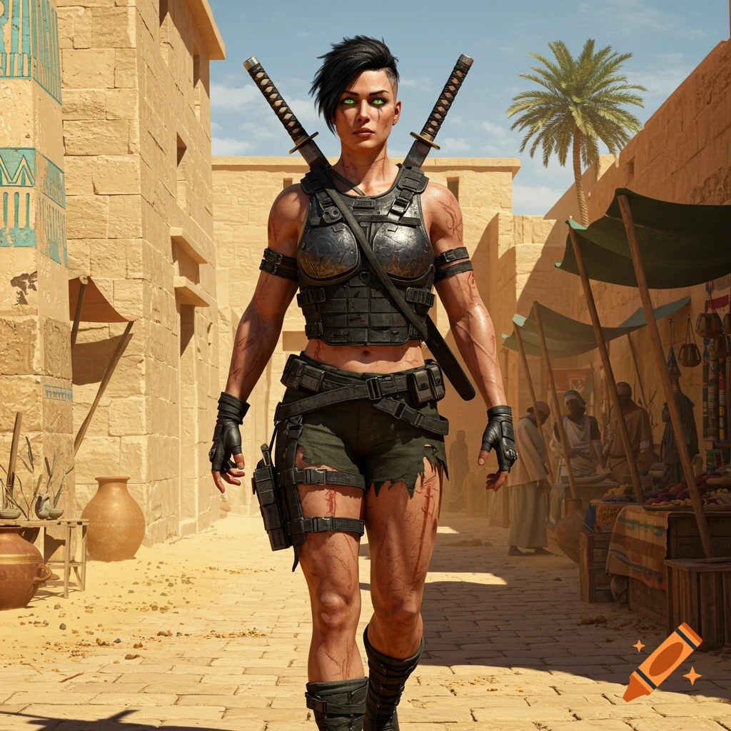 A muscular Celtic warrior woman with katanas on her back walks through an ancient Egyptian town, wearing tactical armor and torn shorts.