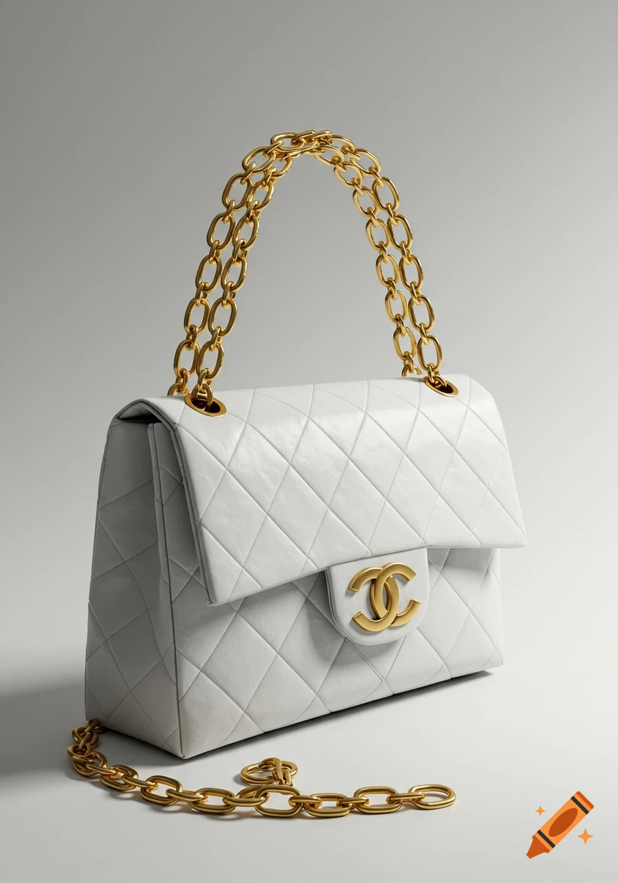 White quilted Chanel handbag with gold chain strap and interlocking CC logo on a light background.