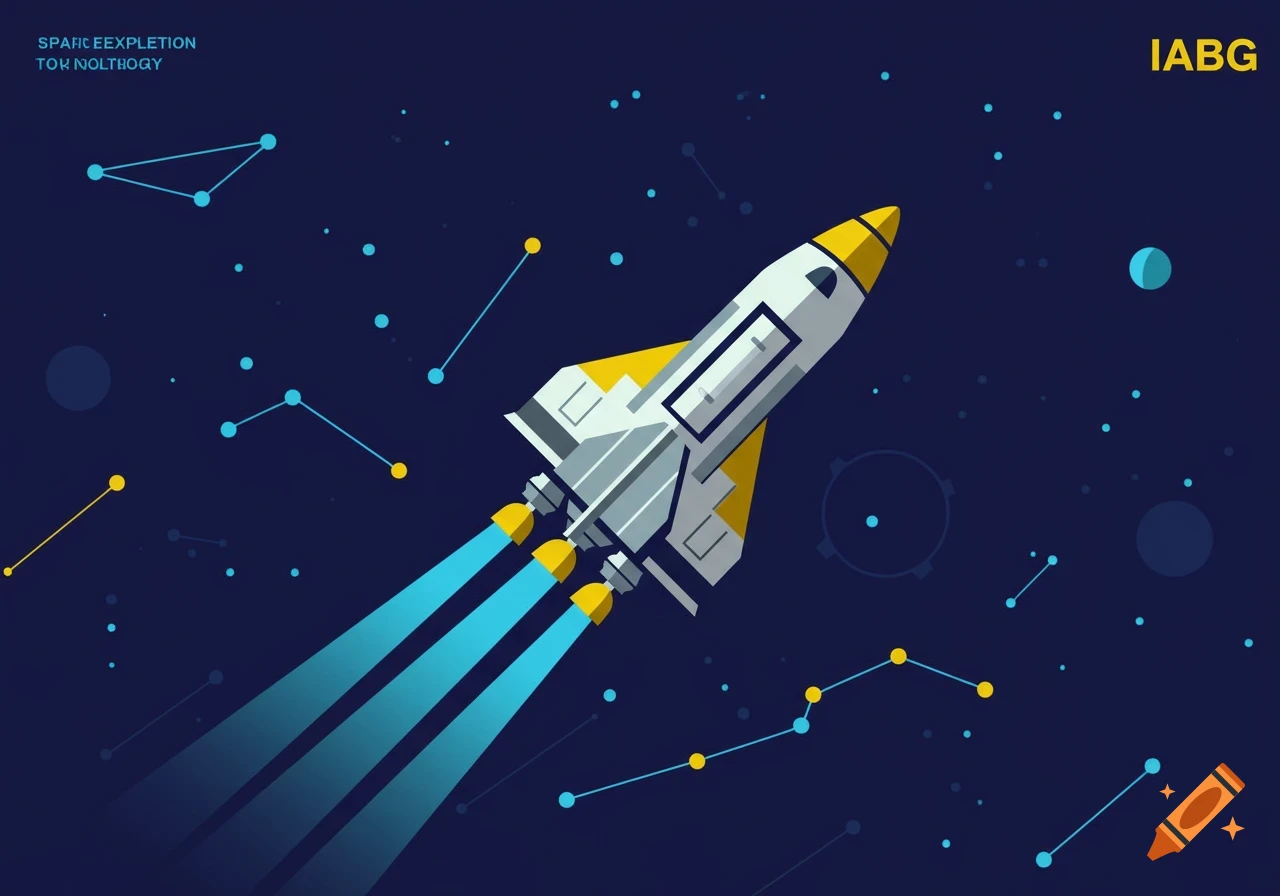 A stylized illustration of a white and yellow rocket flying through a dark blue starry space with blue exhaust plumes.
