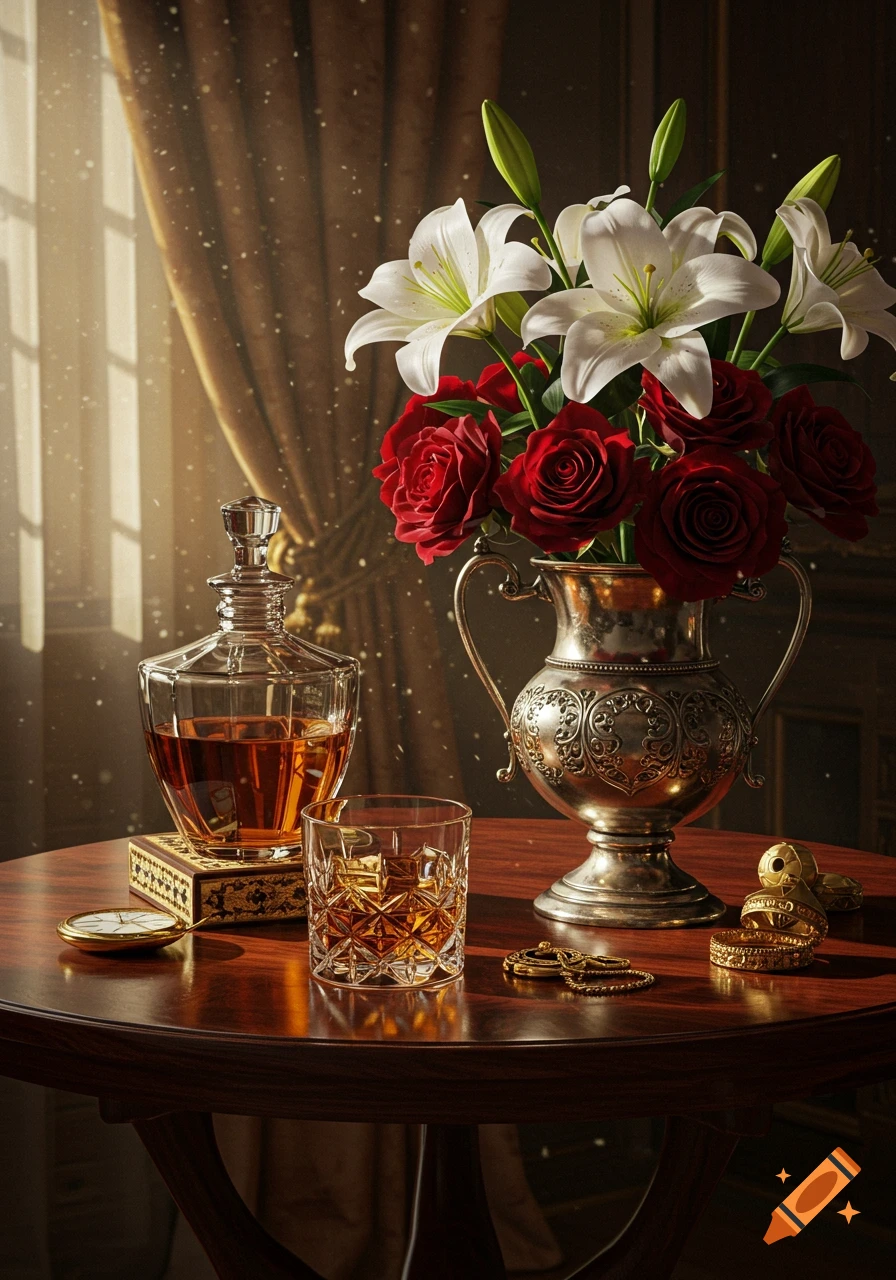 A photorealistic still life of a silver vase with red roses and white lilies, a crystal whiskey decanter and glass on a wooden table in sunlight.
