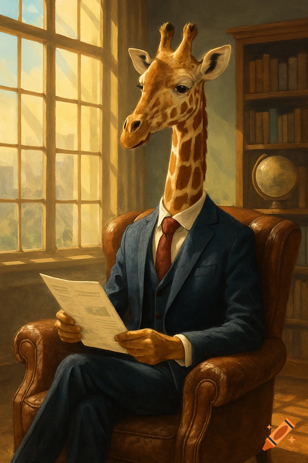 A giraffe in a blue suit sits in an armchair by a window, reading a document in a painterly style.