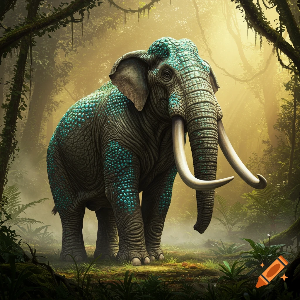 A large, ancient elephant-like creature with teal scales stands in a misty, sunlit jungle.