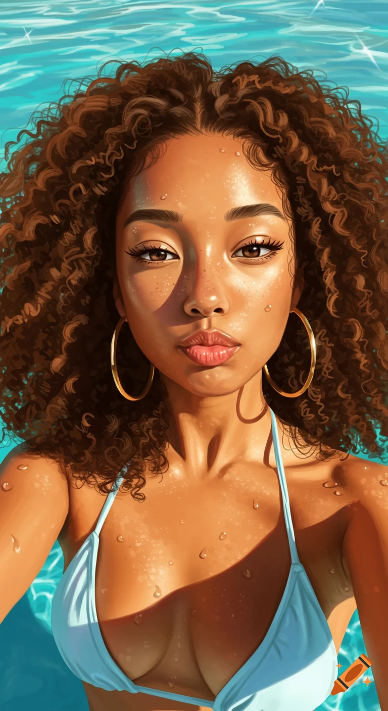 A stylized close-up portrait of a young woman with curly brown hair and hoop earrings, wearing a light blue bikini in a swimming pool.