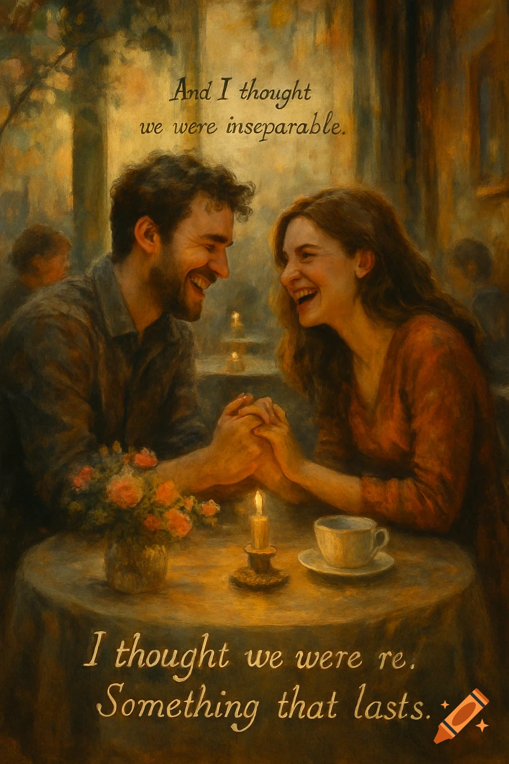 A smiling couple holds hands at a candlelit cafe table in a painterly style.