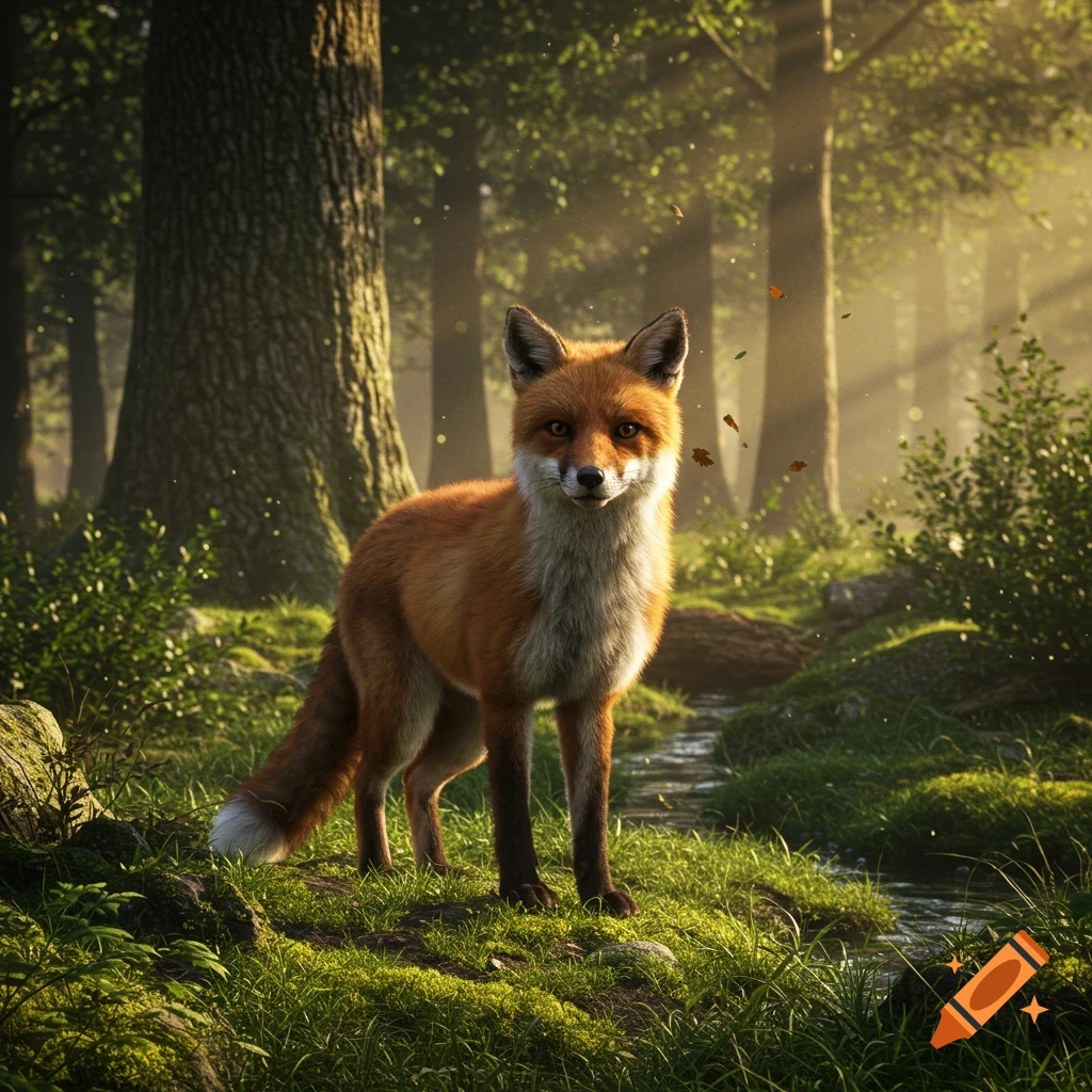A photorealistic red fox stands on a mossy forest floor, looking forward, with sunlit trees and a stream in the background.