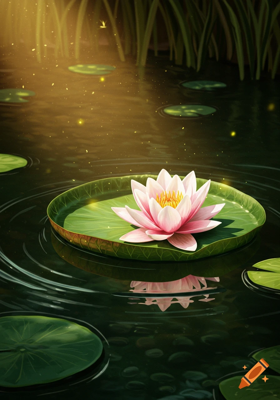 A stylized pink lily flower sits on a large green lilypad in a calm pond with golden light filtering through reeds.
