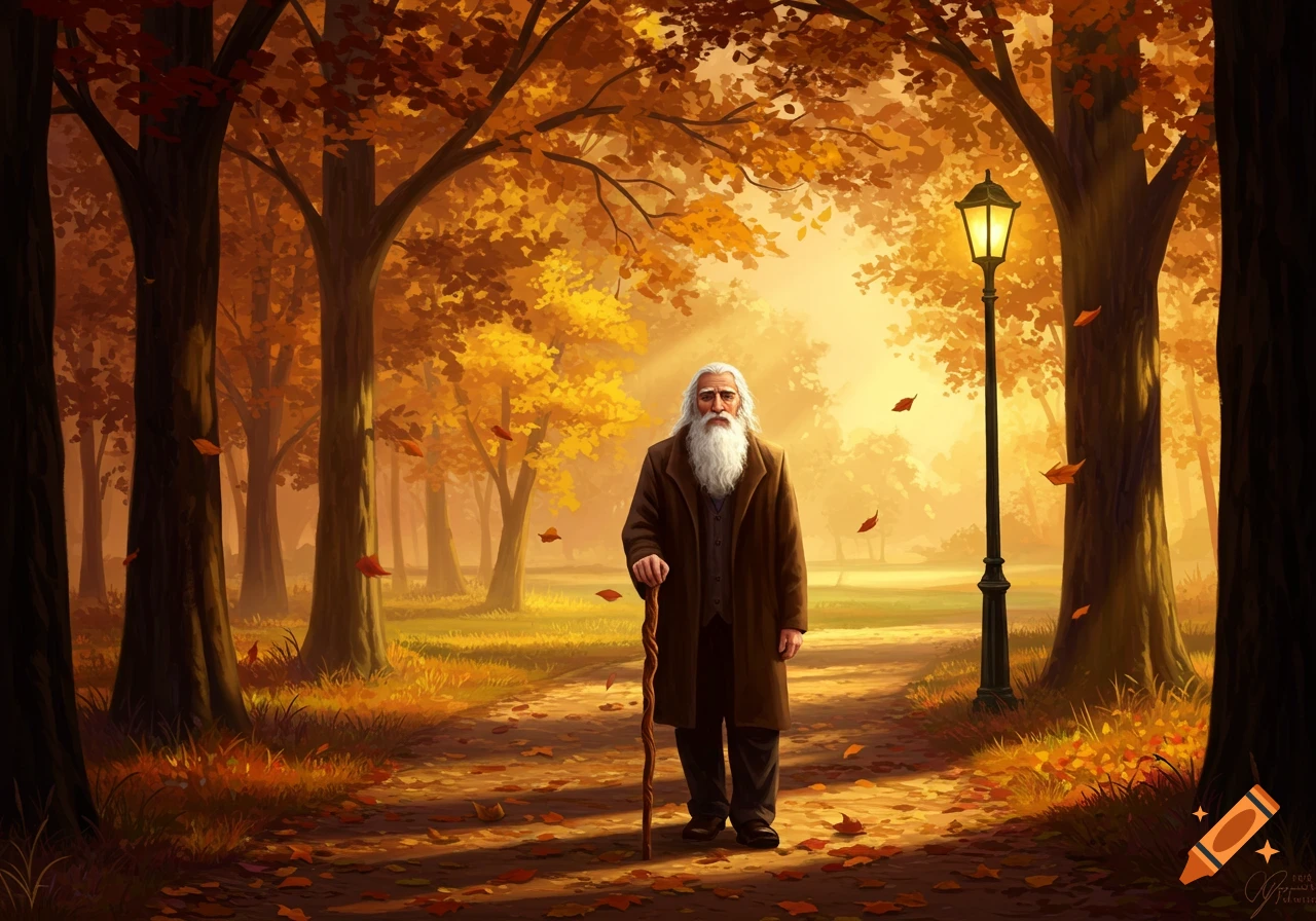 An old man with a long white beard and a cane walks on a path through a park filled with autumn trees and falling leaves, illuminated by sunlight.