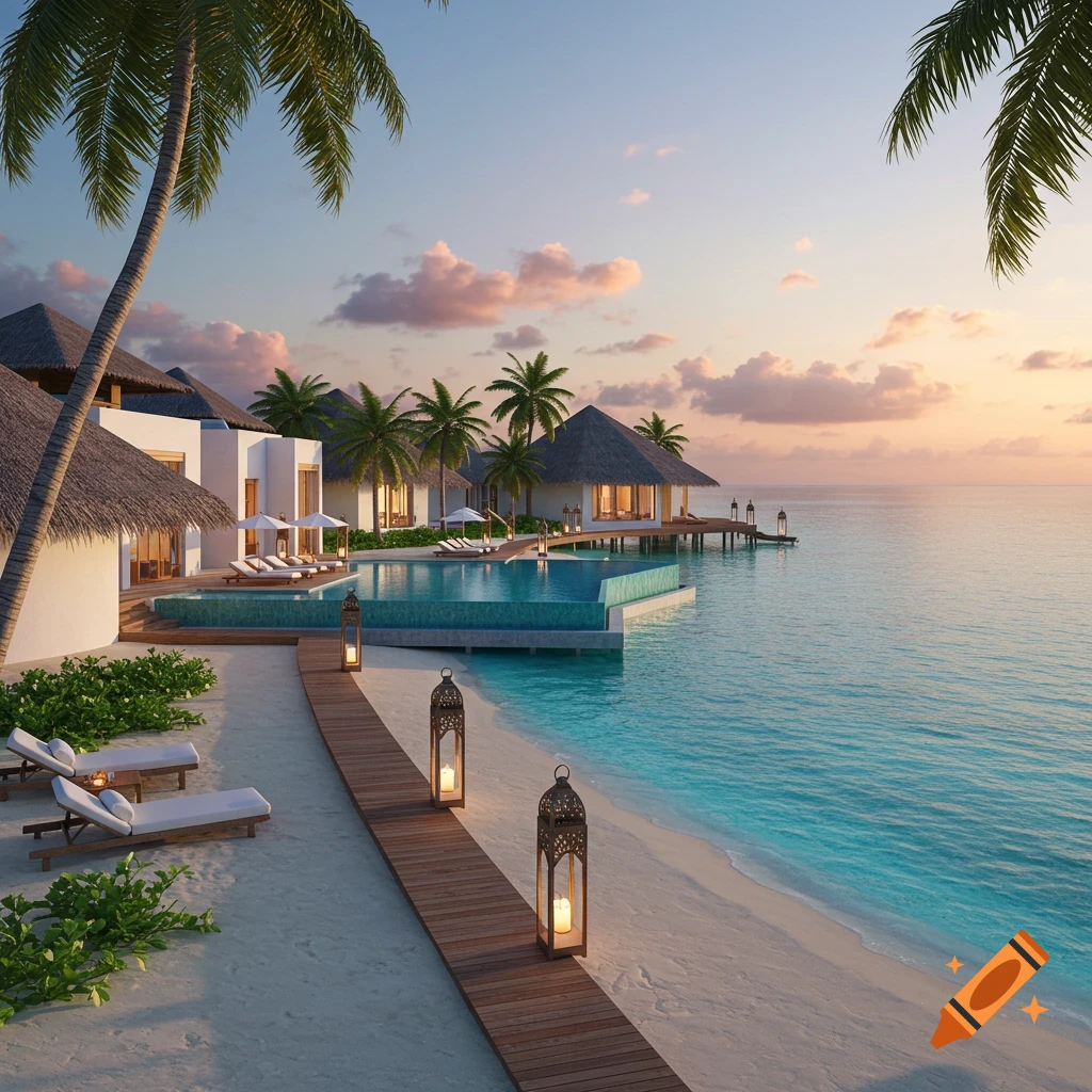 Luxury overwater bungalows and infinity pool at a Maldives resort at sunset, with a wooden walkway on a white sand beach.