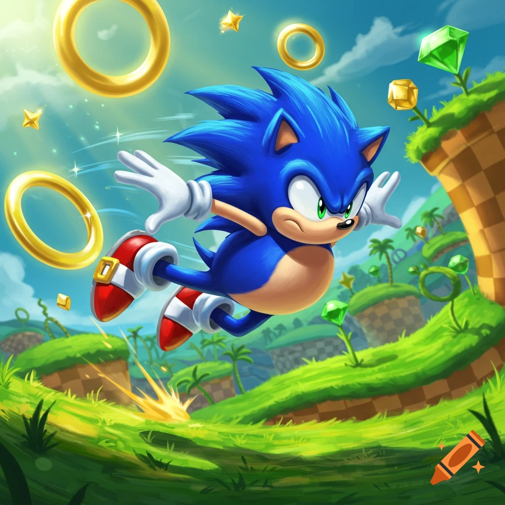 Sonic the Hedgehog leaps through a vibrant, cartoonish landscape with gold rings, stars, and emeralds.