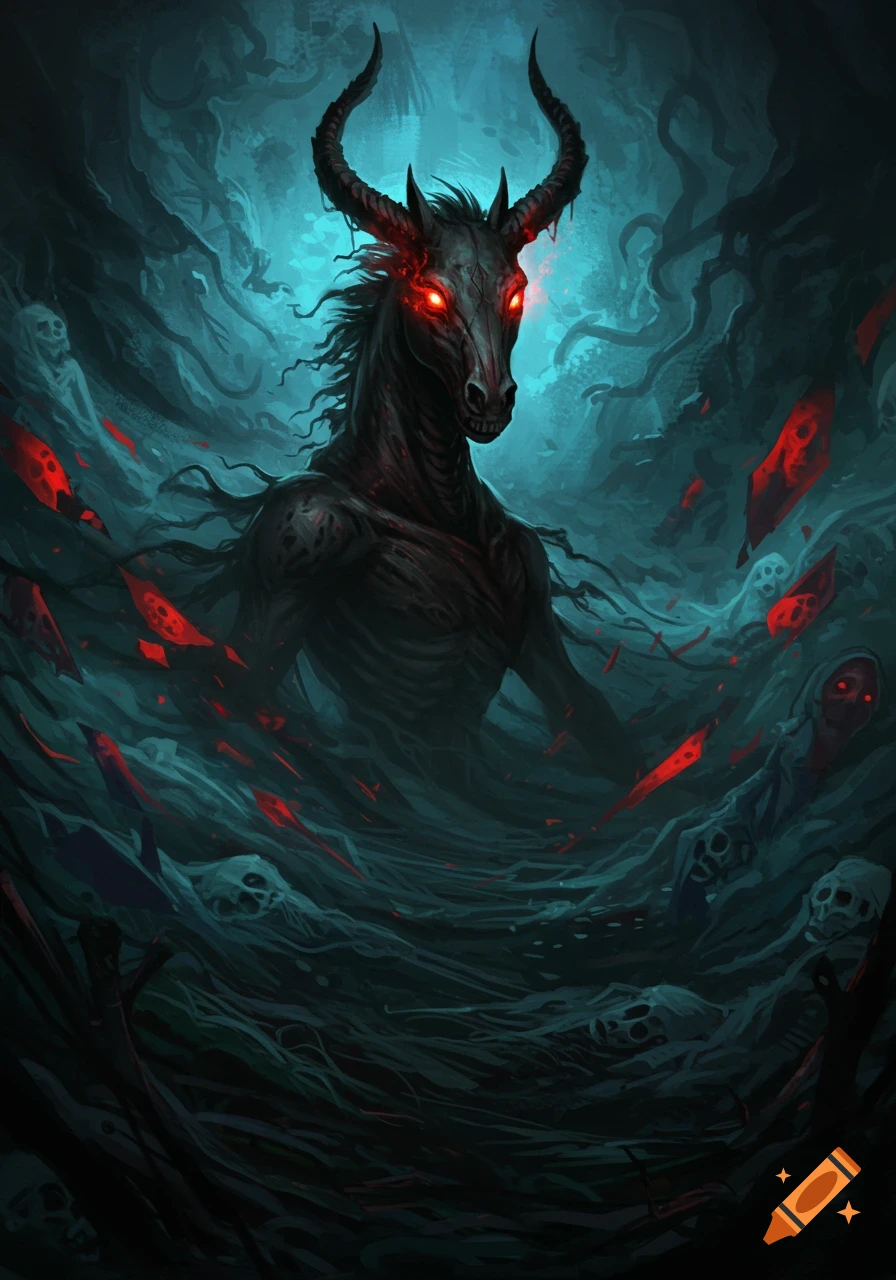 A dark, horse-headed demon with glowing red eyes and horns emerges from swirling depths amidst red shards and skulls.