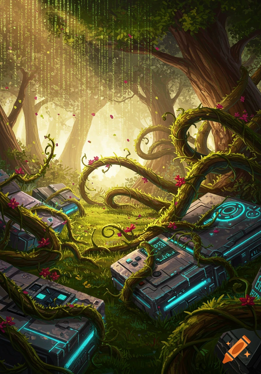 Lush forest with green vines and pink flowers growing over abandoned futuristic consoles, with digital green code falling from the trees.