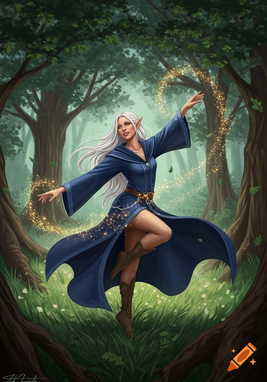 A white-haired elf in a blue robe dances in a magical forest with golden sparkles. Digital art.