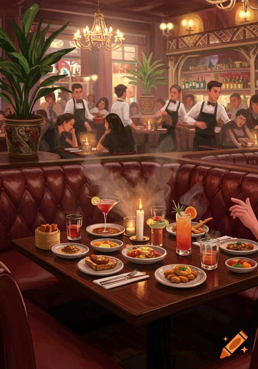 A detailed illustration of a busy restaurant interior viewed from a booth, with many dishes and cocktails on the table.