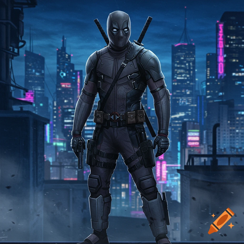 A character resembling Deadpool in a grey and black costume, with katanas and a handgun, stands on a city rooftop at night, digital art.